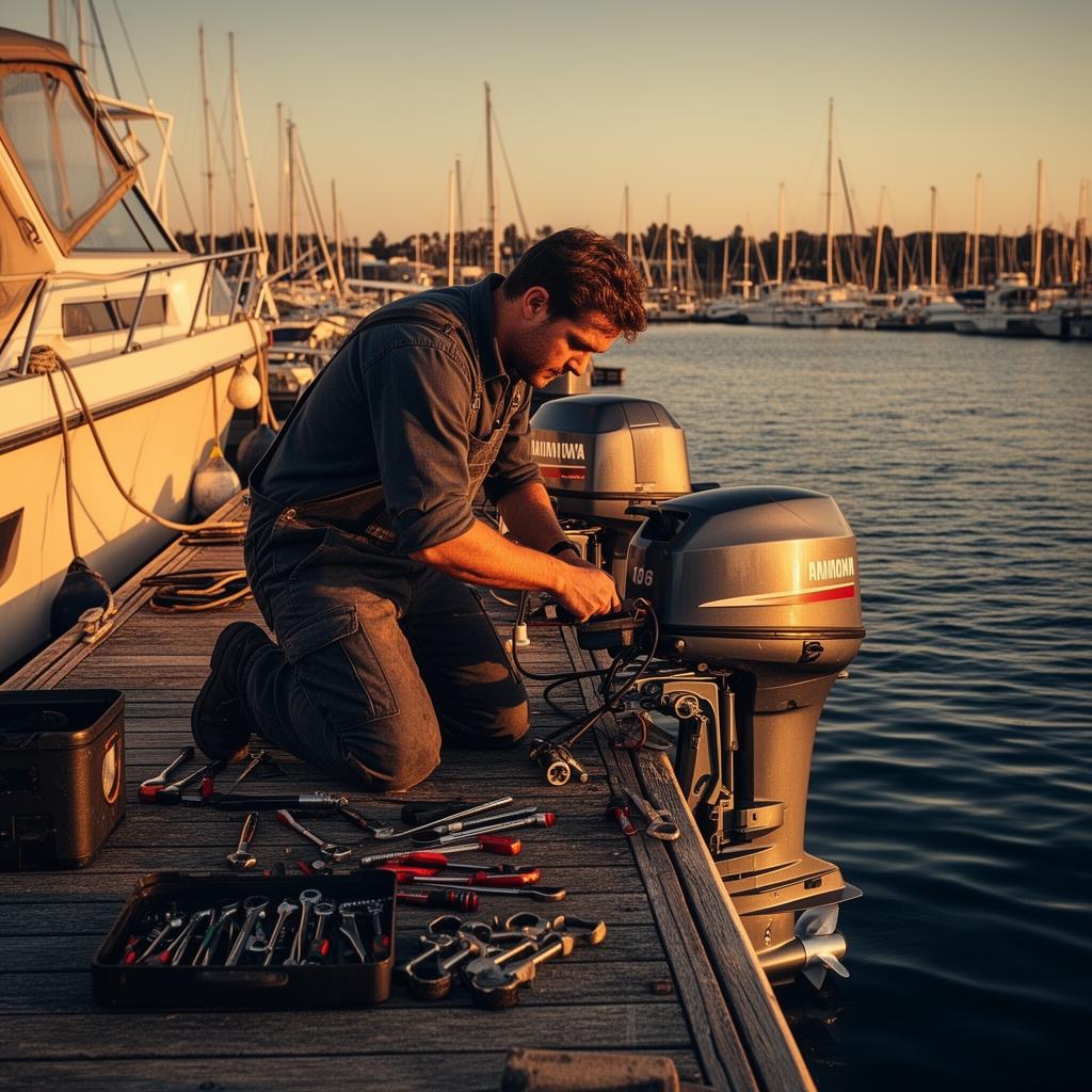 Mobile Marine technician working on a boat outboard at the dock